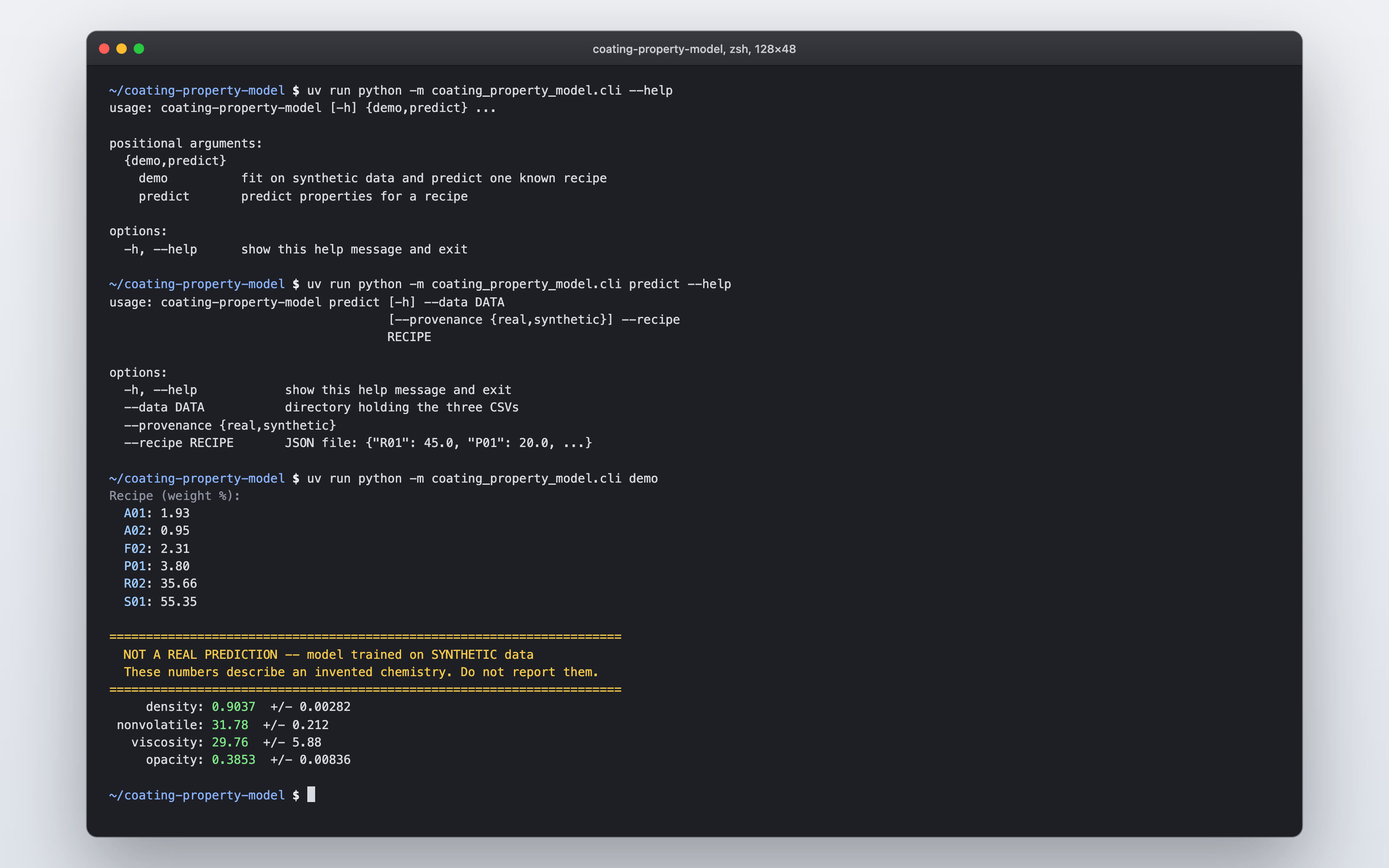 Terminal z ukazi modela za premaze: pomoč za demo in predict ter zagon demo z napovedjo štirih lastnosti.